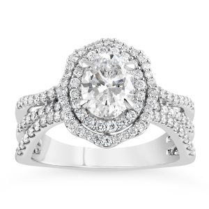 14K Wavey Split Shank Oval Lab Grown  Diamond Halo Engagement Ring