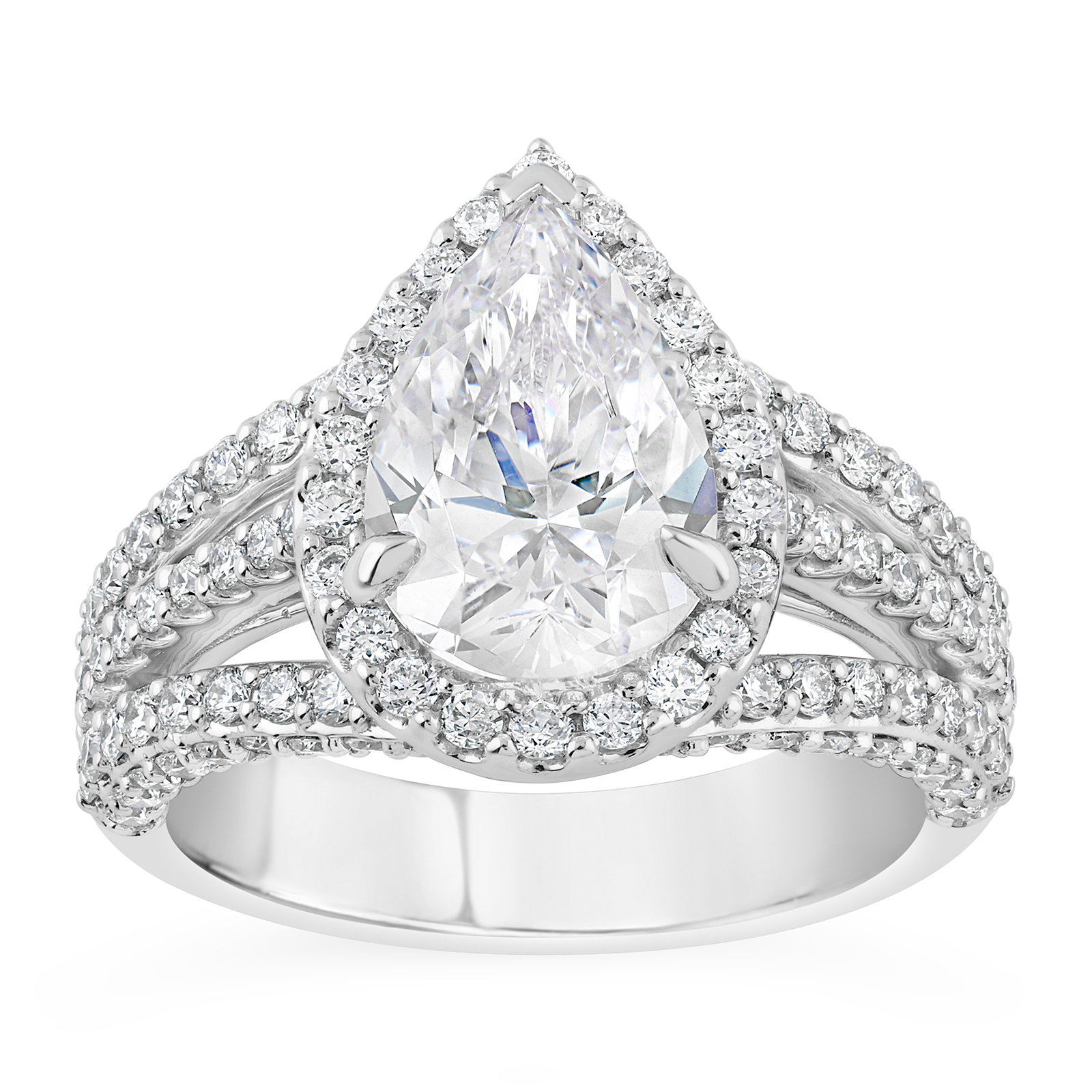 14K Triple Split Shank Pear Diamond Halo Engagement Ring