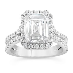 14K Split Shank Emerald Diamond Halo Engagement Ring