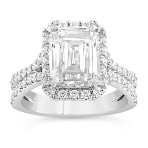 14K Split Shank Emerald Lab Grown Diamond Halo Engagement Ring