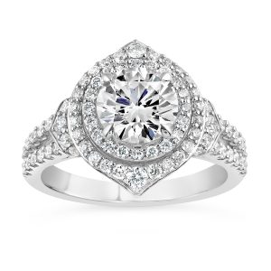14K Split Shank Round Diamond Fancy Halo Engagement Ring