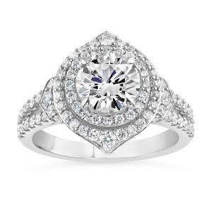 14K Split Shank Round Lab Grown Diamond Fancy Halo Engagement Ring