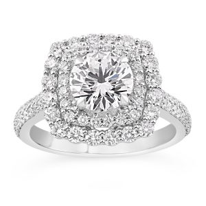 14K Round Diamond Double Cushion Halo Engagement Ring