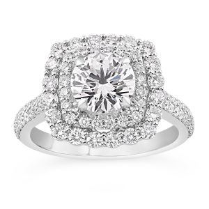 14K Round Lab Grown Diamond Double Cushion Halo Engagement Ring
