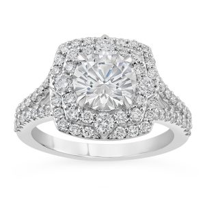 14K Split Shank Round Diamond Cushion Halo Engagement Ring