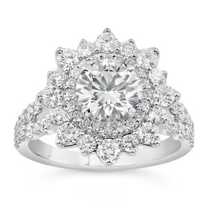 14K Round Diamond Star Burst Halo Engagement Ring