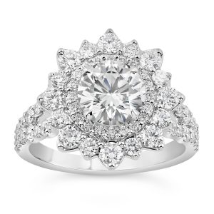 14K Round Lab Grown Diamond Star Burst Halo Engagement Ring