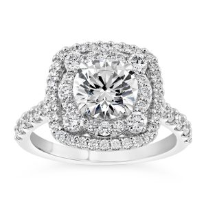 14K Round Diamond Double Cushion Halo Engagement Ring