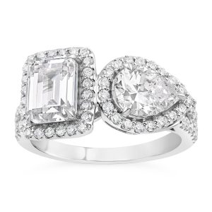 14K Emerald & Pear Diamond Two Stone By-Pass Engagement Ring