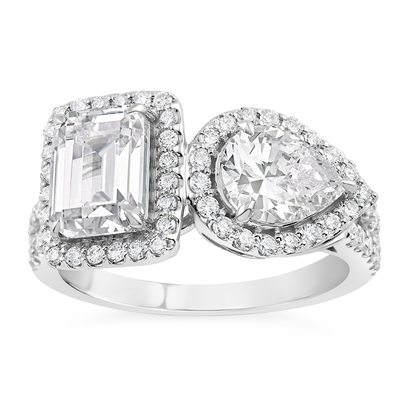 14K Emerald & Pear Diamond Two Stone By-Pass Engagement Ring