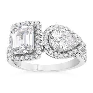 14K Emerald & Pear Lab Grown Diamond Two Stone By-Pass Engagement Ring