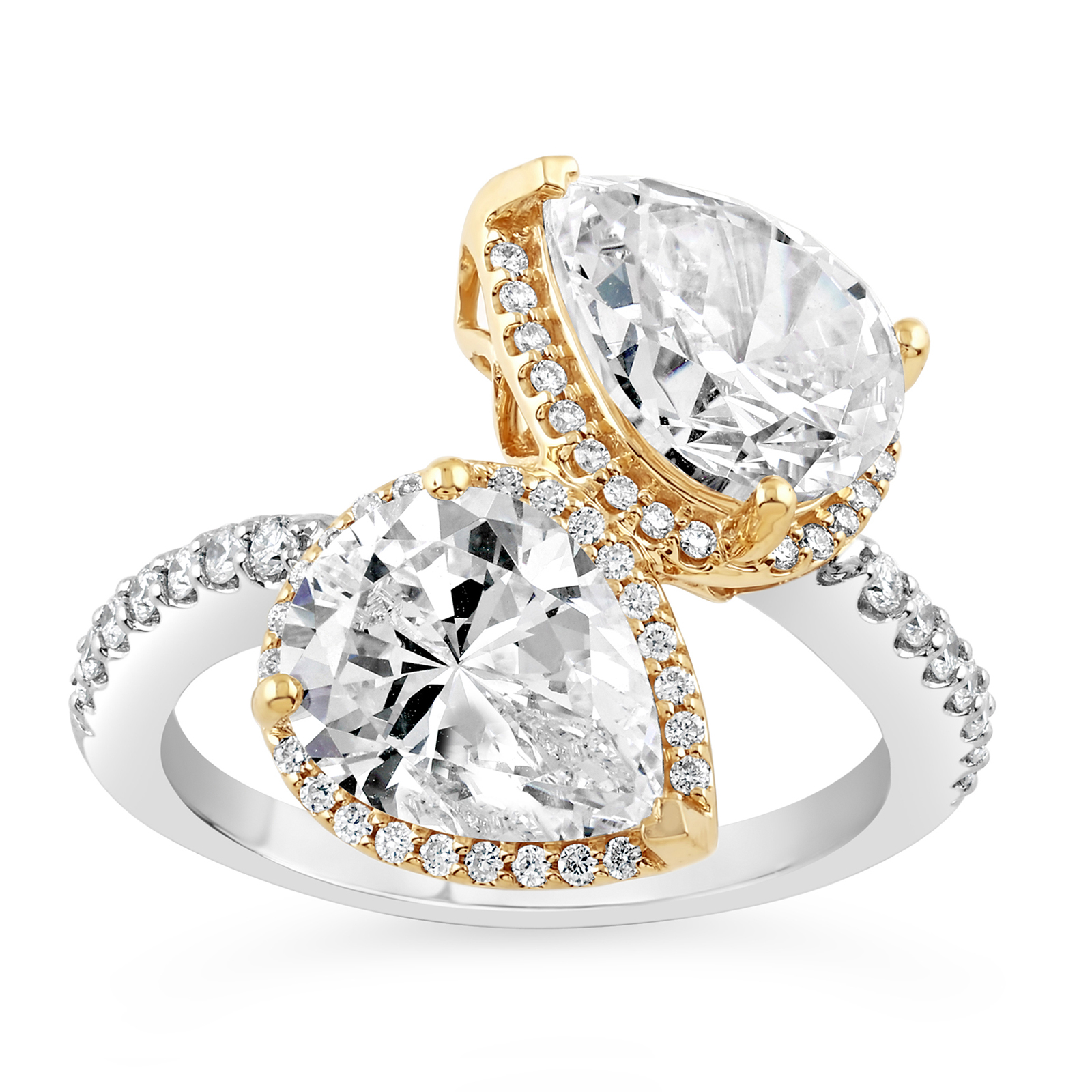 14KTwo Tone Pear Lab Grown Diamond Two Stone By-Pass Engagement Ring