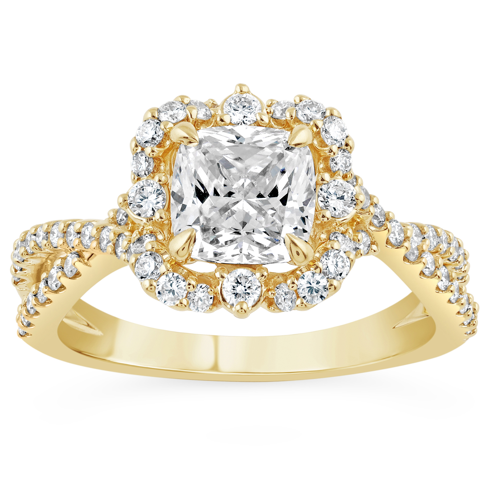 14K Twist Shank Cushion Diamond Art Deco Halo Engagement Ring