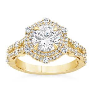 14K Split Shank Round Diamond Fancy Halo Engagement Ring