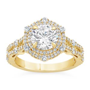 14K Split Shank Round Lab Grown Diamond Fancy Halo Engagement Ring